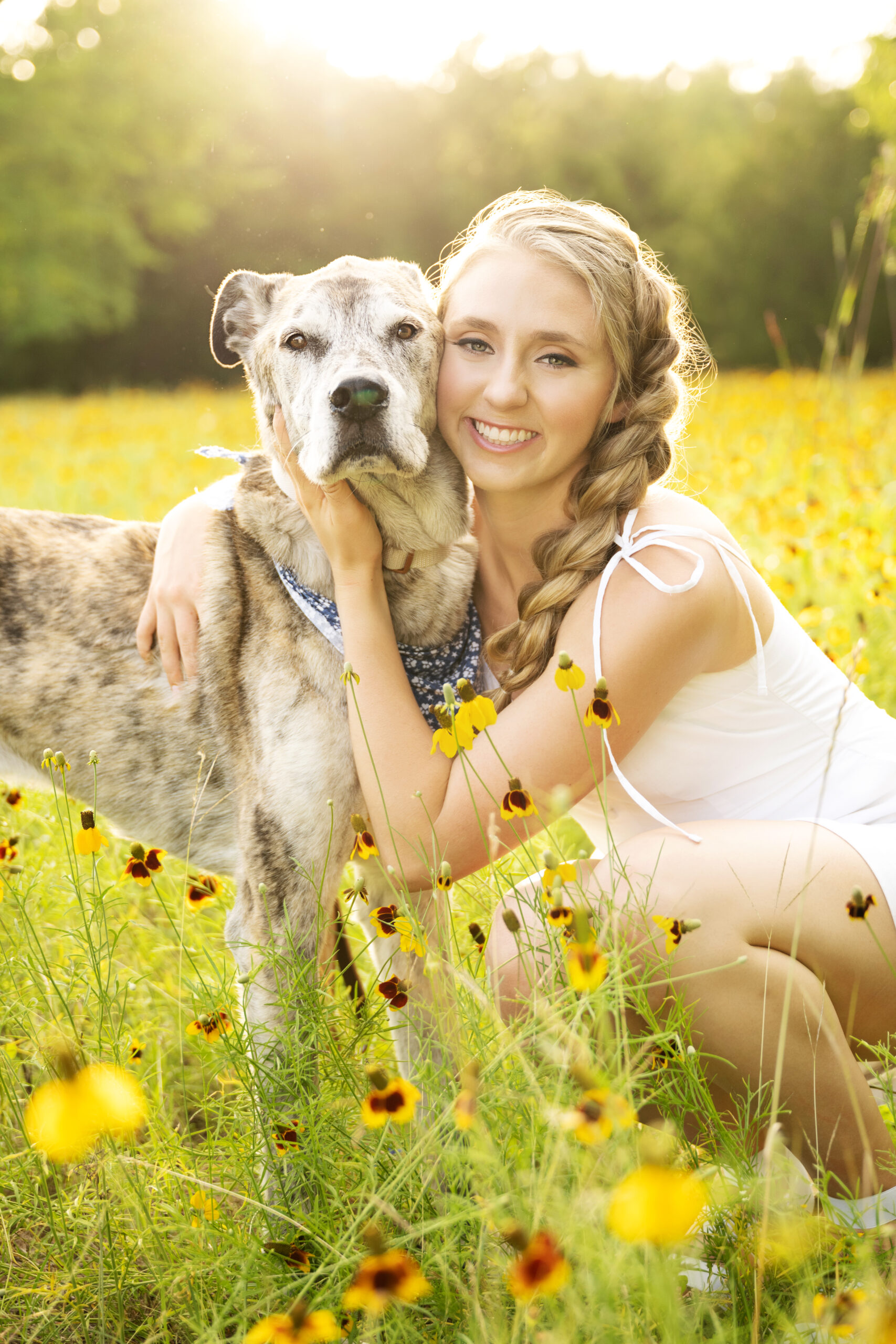 Happy blonde girl in a white dress smiling and cuddling her fluffy, brindle-colored dog with a blue bandana, sitting amidst yellow flowers in a sunlit outdoor field during a senior photoshoot.